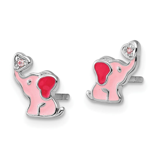 Rhodium-plated Sterling Silver CZ Enamel Elephant Children's Post Earrings