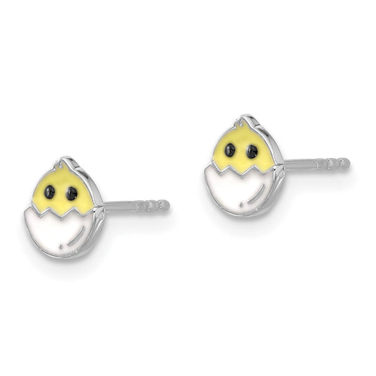 Rhodium-plated Sterling Silver Children's Enamel Chick in Egg Post Earrings