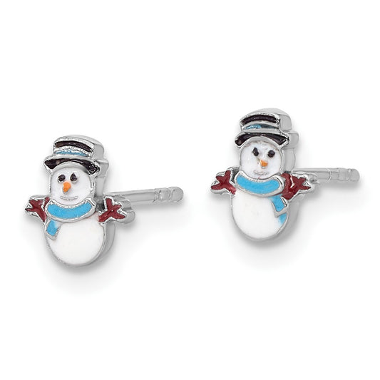 Rhodium-plated Sterling Silver Children's Enamel Snowman Earrings