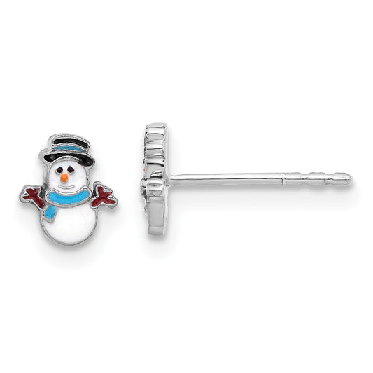 Rhodium-plated Sterling Silver Children's Enamel Snowman Earrings