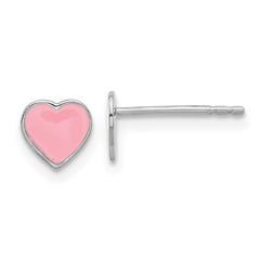 Rhodium-plated Sterling Silver Children's Pink Enamel Heart Post Earrings