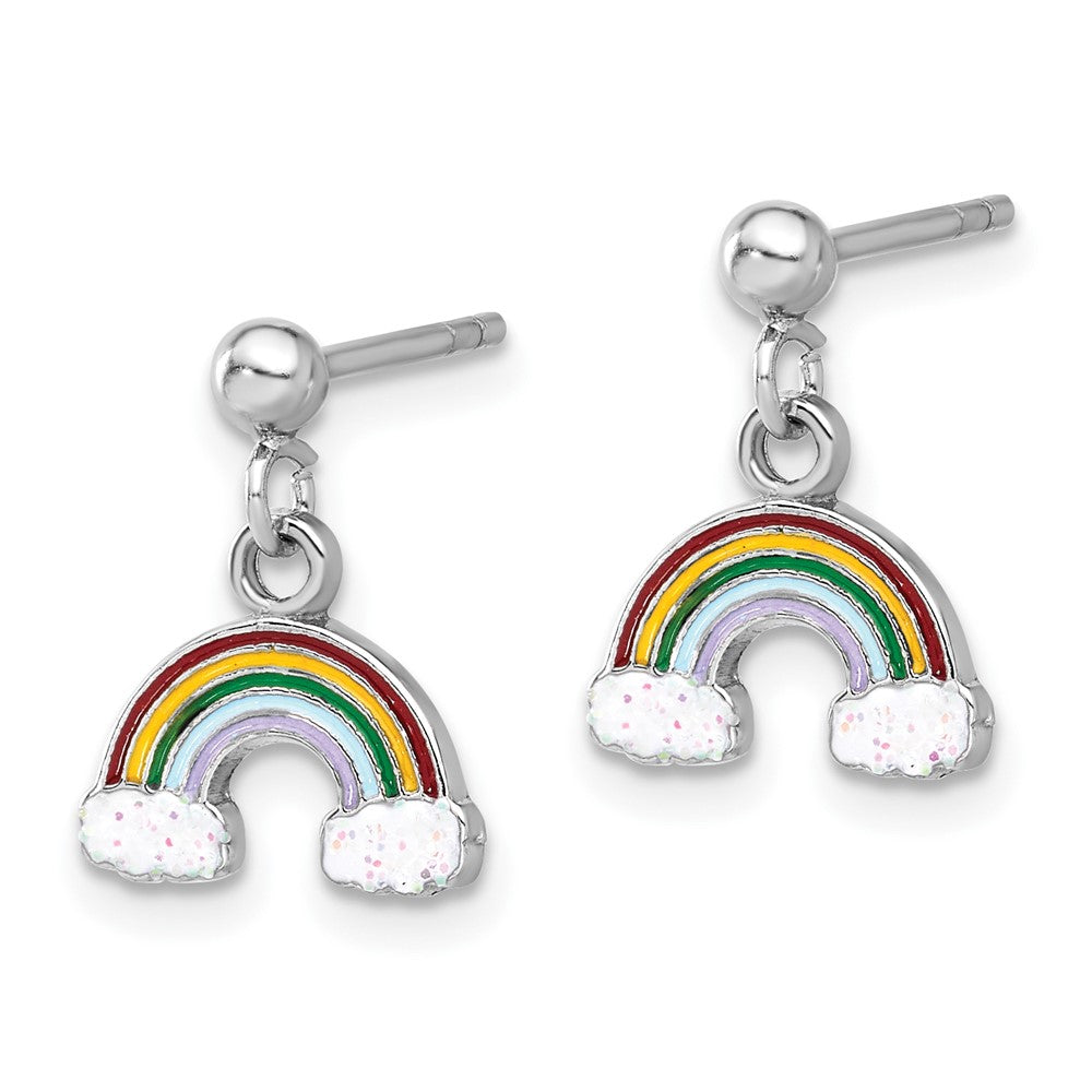 Rhodium-plated Sterling Silver Enameled Glitter Rainbow Post Dangle Earrings