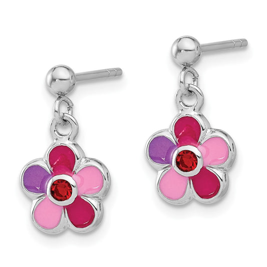 Rhodium-plated Sterling Silver Enameled Red Crystal Flower Dangle Earrings