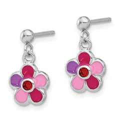 Rhodium-plated Sterling Silver Enameled Red Crystal Flower Dangle Earrings