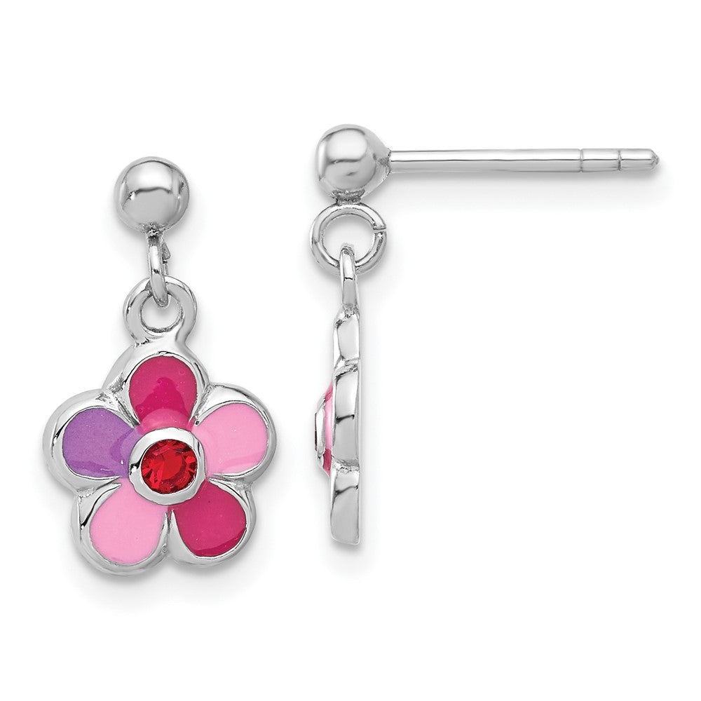 Rhodium-plated Sterling Silver Enameled Red Crystal Flower Dangle Earrings