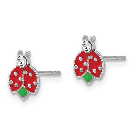 Rhodium-plated Sterling Silver Children's Enamel Crystal Lady Bug Post Earrings