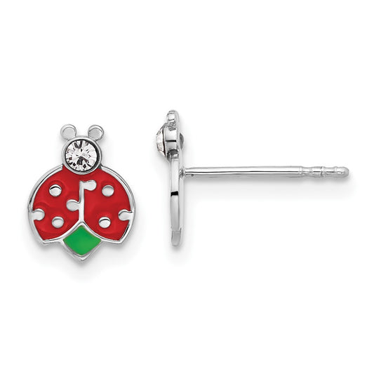 Rhodium-plated Sterling Silver Children's Enamel Crystal Lady Bug Post Earrings