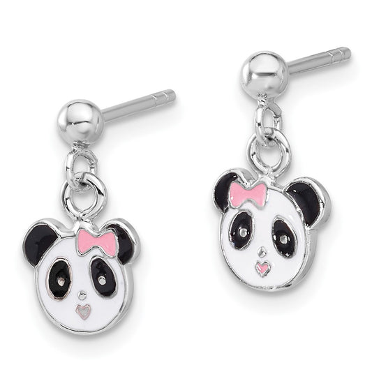 Rhodium-plated Sterling Silver Enameled Panda Post Drop Earrings