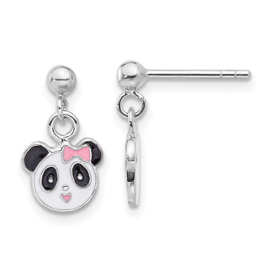 Rhodium-plated Sterling Silver Enameled Panda Post Drop Earrings