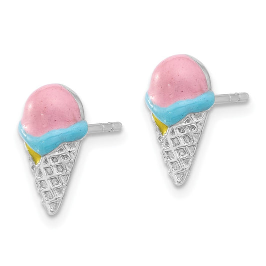 Rhodium-plated Sterling Silver Children's Enamel Ice Cream Cone Post Earrings