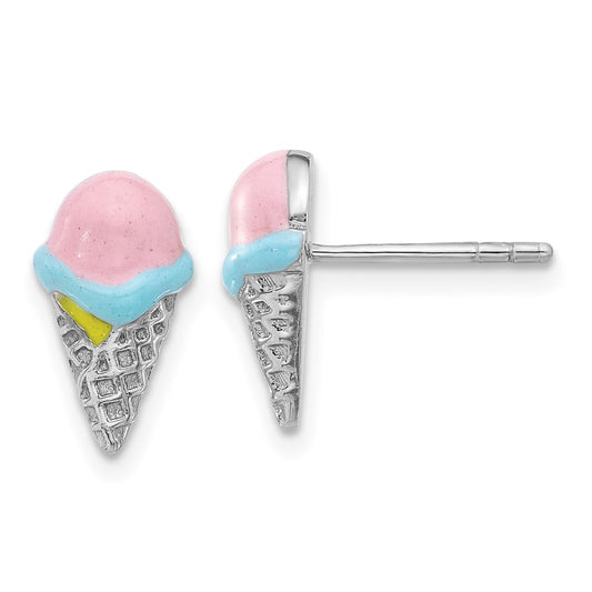 Rhodium-plated Sterling Silver Children's Enamel Ice Cream Cone Post Earrings