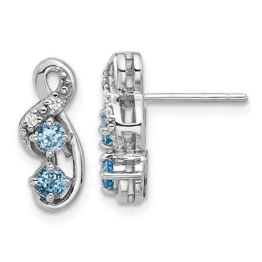 Rhodium-plated Sterling Silver Lt Swiss Blue Topaz and CZ Swirl Post Earrings