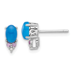 Rhodium-plated Sterling Silver Blue Onyx .08 Created Pink Sapphire & Diamond Post Earrings
