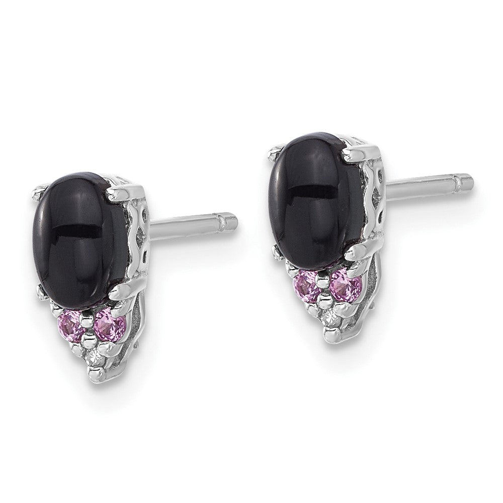 Rhodium-plated Sterling Silver Black Onyx .08 Cr.Pink Sapphire and Diamond Earrings