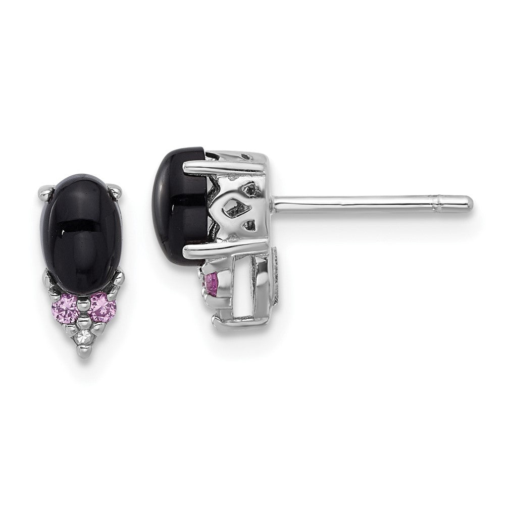 Rhodium-plated Sterling Silver Black Onyx .08 Cr.Pink Sapphire and Diamond Earrings