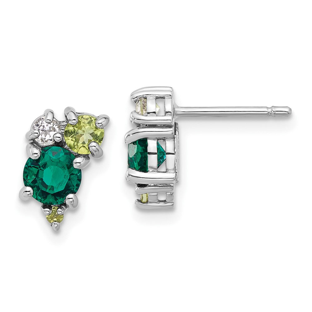 Rhodium-plated Sterling Silver Cr.Emerald Peridot and White Topaz Post Earrings