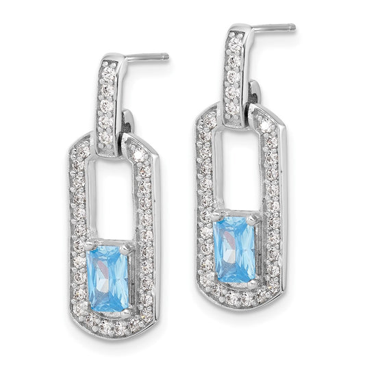 Rhodium-plated Sterling Silver Polished Blue Topaz & CZ Post Dangle Earrings