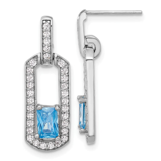 Rhodium-plated Sterling Silver Polished Blue Topaz & CZ Post Dangle Earrings