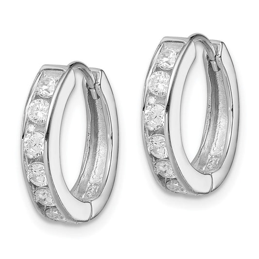 Rhodium-plated Sterling Silver CZ Hinged Hoop Earrings