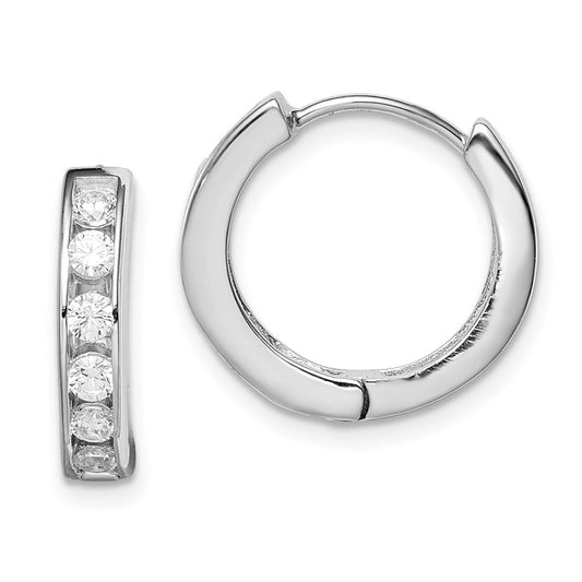 Rhodium-plated Sterling Silver CZ Hinged Hoop Earrings