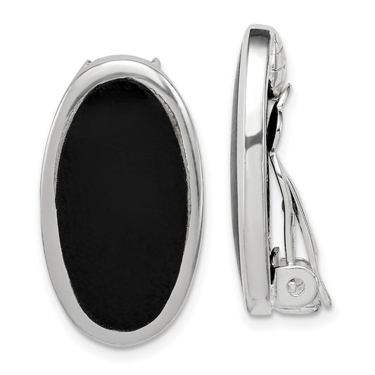 Rhodium-plated Sterling Silver Oval Onyx Non-pierced Earrings