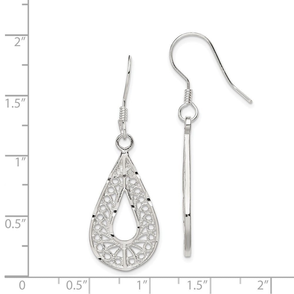 Sterling Silver Polished Textured Diamond-cut Filigree Teardrop Dangle Earrings