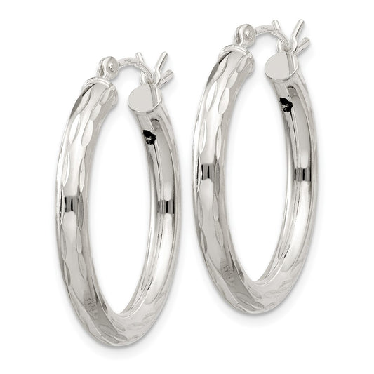 Sterling Silver Diamond-cut Satin 3x25mm Hoop Earrings