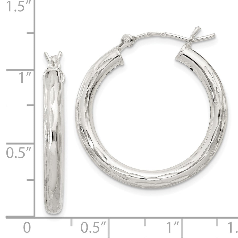 Sterling Silver Diamond-cut Satin 3x25mm Hoop Earrings