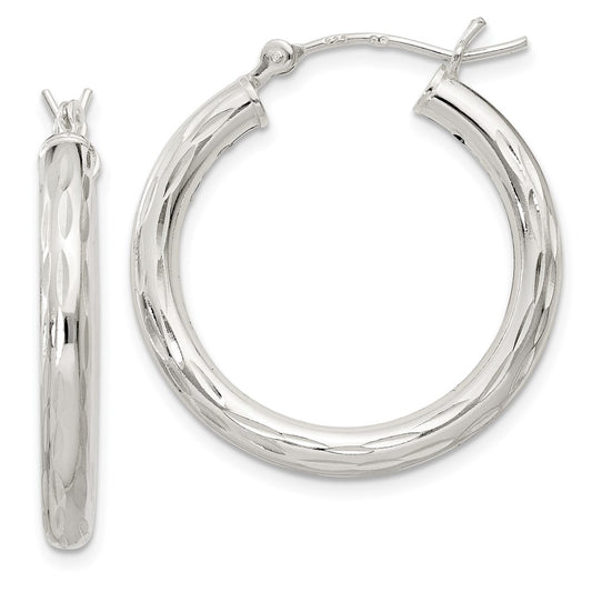 Sterling Silver Diamond-cut Satin 3x25mm Hoop Earrings