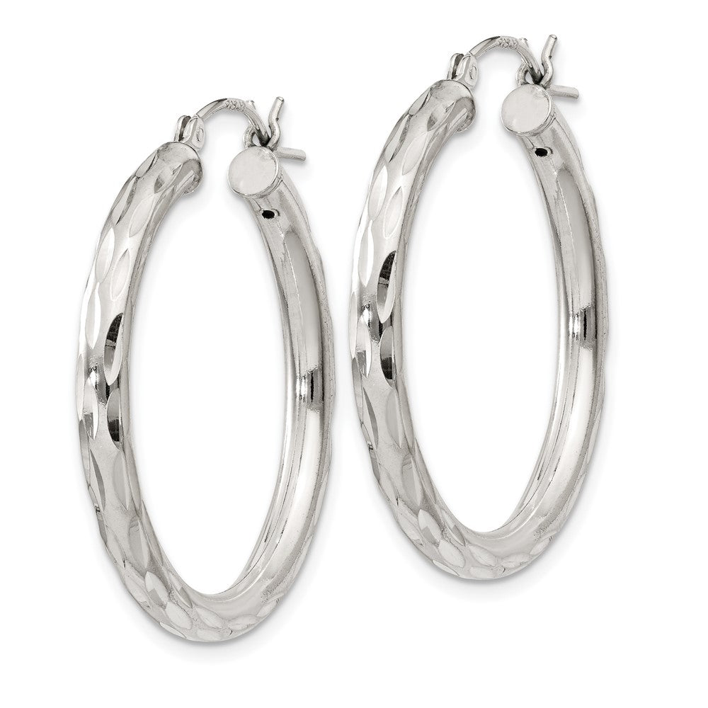 Sterling Silver Diamond-cut Satin 3x30mm Hoop Earrings