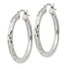 Sterling Silver Diamond-cut Satin 3x30mm Hoop Earrings