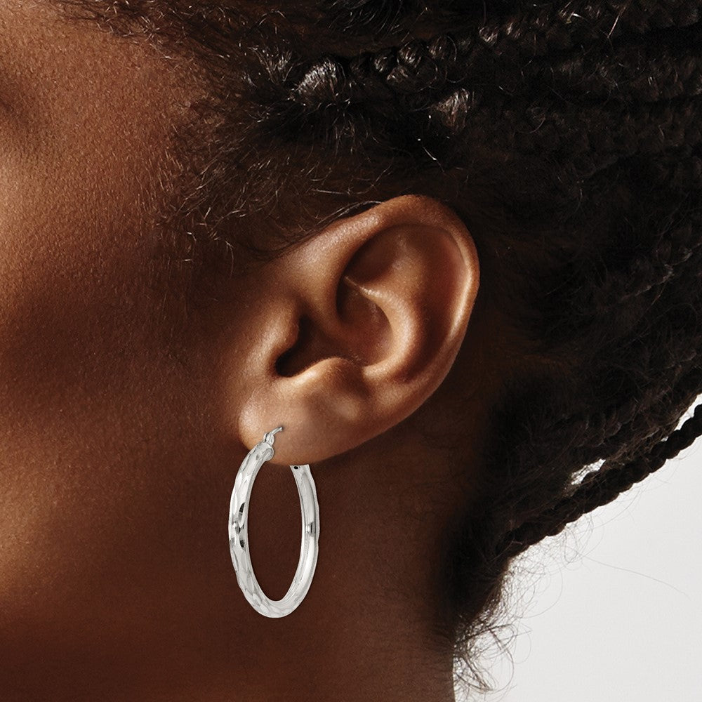 Sterling Silver Diamond-cut Satin 3x30mm Hoop Earrings