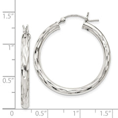 Sterling Silver Diamond-cut Satin 3x30mm Hoop Earrings