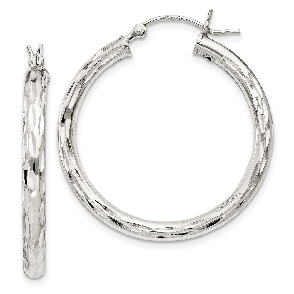 Sterling Silver Diamond-cut Satin 3x30mm Hoop Earrings