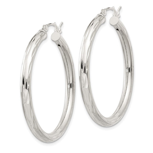 Sterling Silver Diamond-cut Satin 3x35mm Hoop Earrings