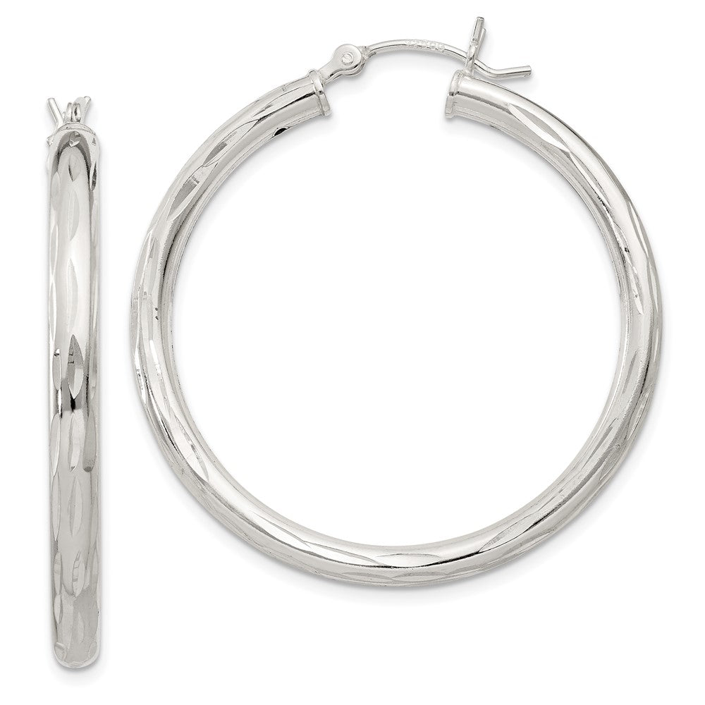 Sterling Silver Diamond-cut Satin 3x35mm Hoop Earrings