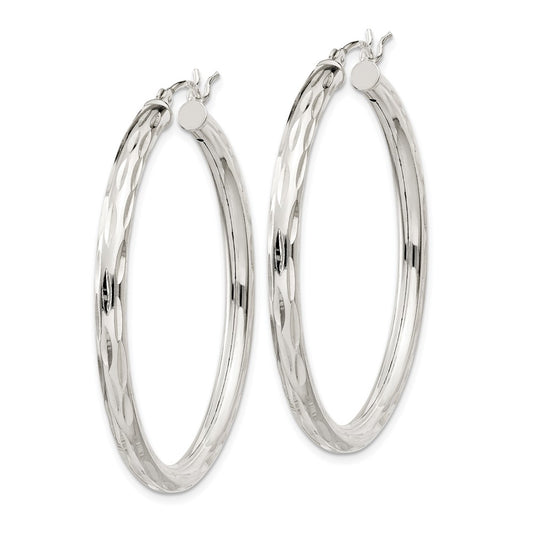 Sterling Silver Diamond-cut Satin 3x40mm Hoop Earrings