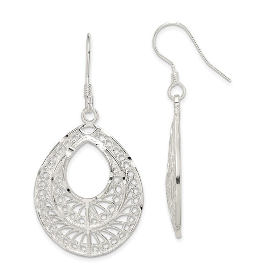 Sterling Silver Polished Textured Diamond-cut Filigree Teardrop Dangle Earrings