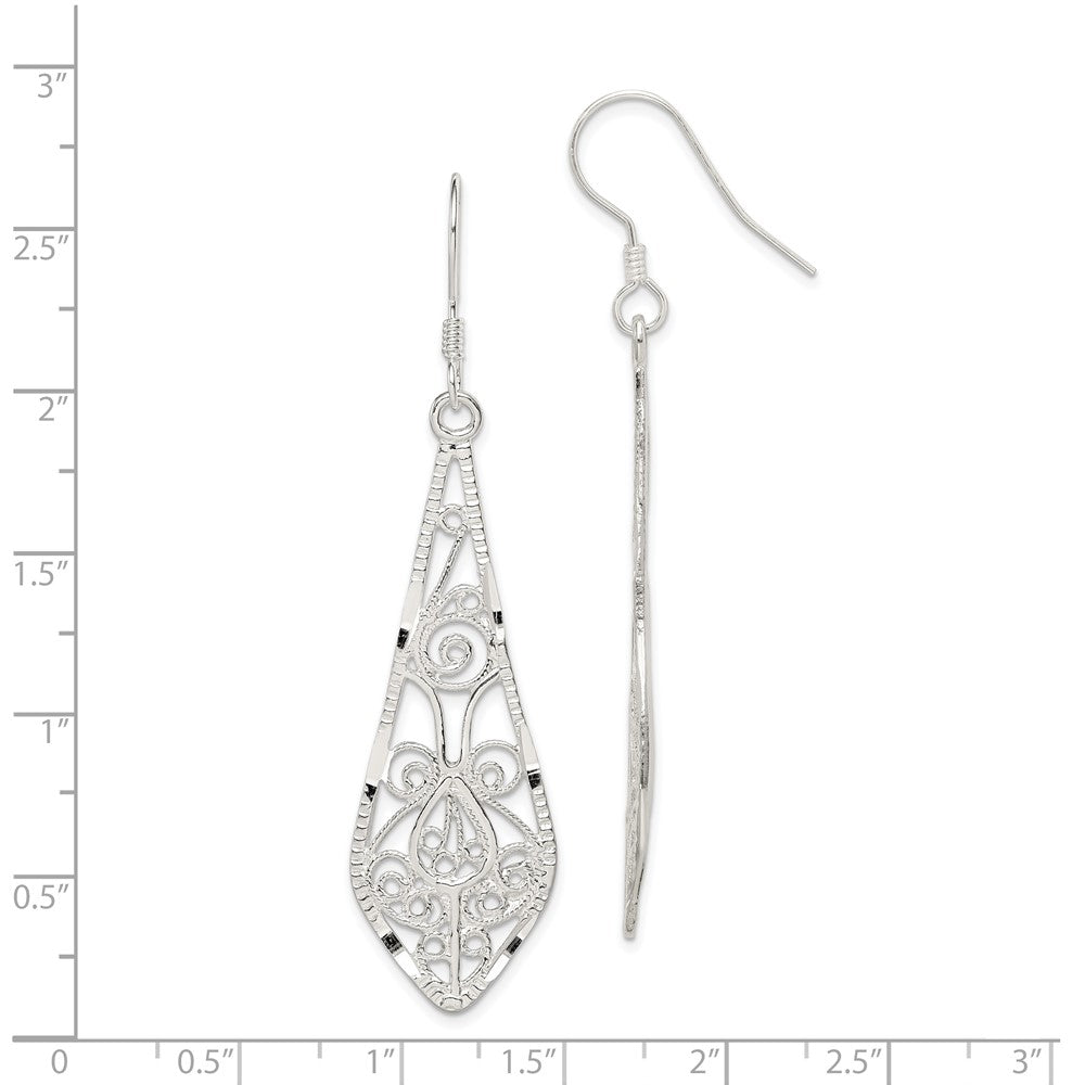 Sterling Silver Polished Diamond-cut Filigree Elongated Teardrop Dangle Earrings