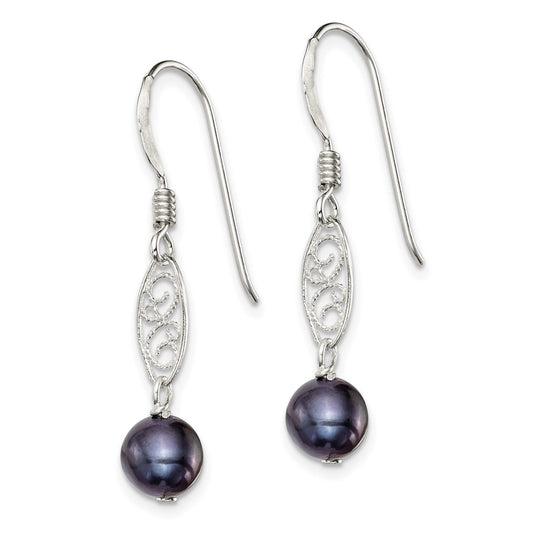 Sterling Silver Black FWC Pearl Filigree Dangle Earrings