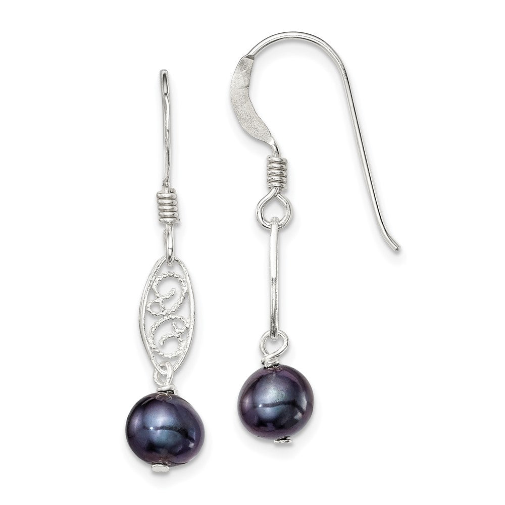 Sterling Silver Black FWC Pearl Filigree Dangle Earrings