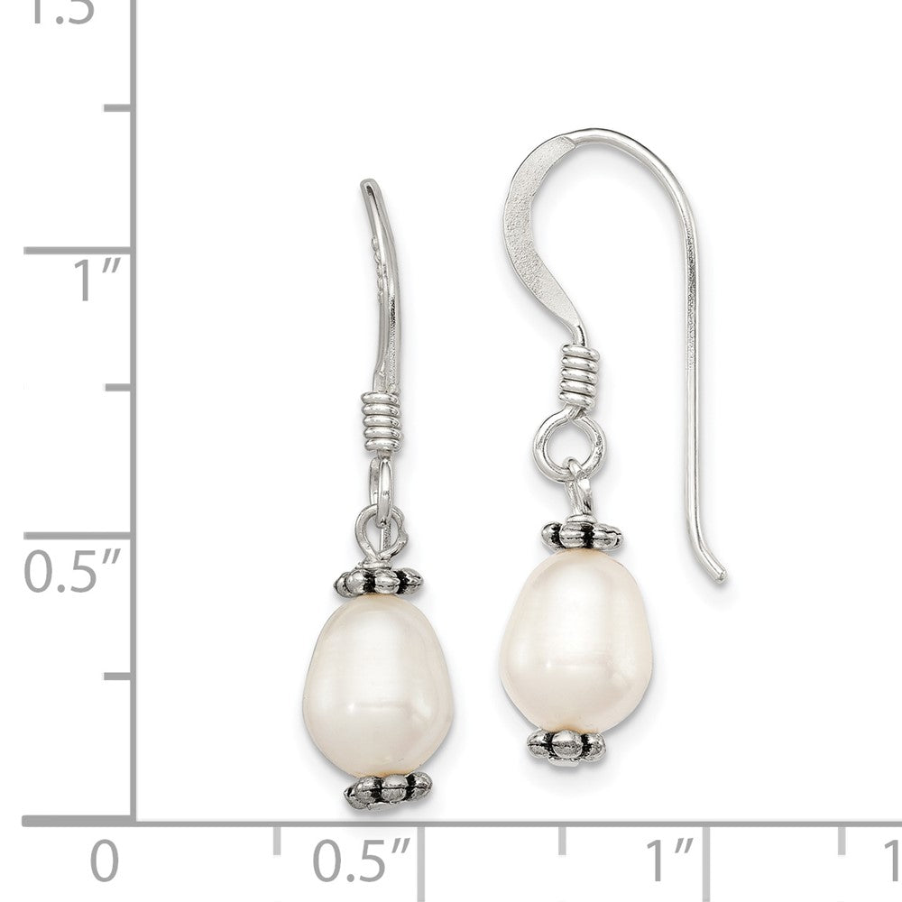 Sterling Silver White FWC Pearl Antiqued Bead Dangle Earrings