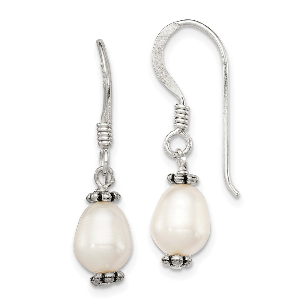 Sterling Silver White FWC Pearl Antiqued Bead Dangle Earrings