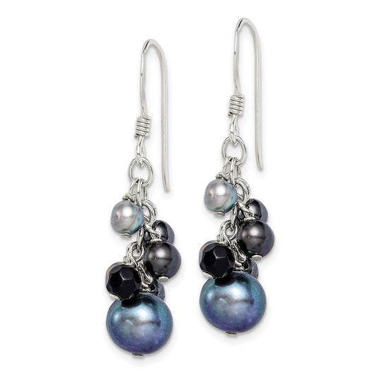 Sterling Silver Black Grey FWC Pearls and Onyx Dangle Earrings