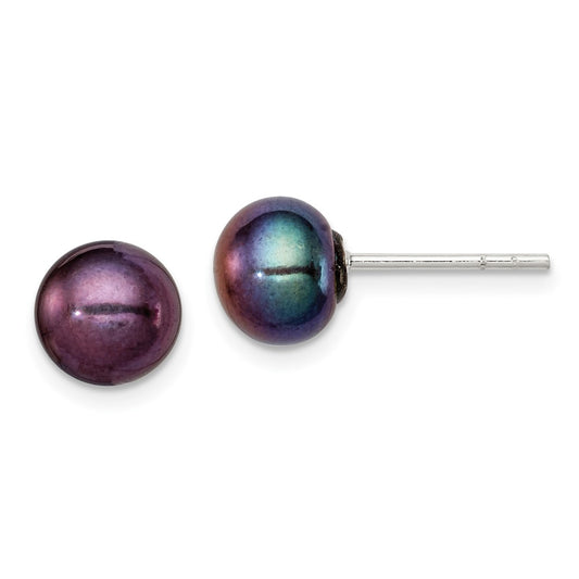 Sterling Silver 7-8mm Black FWC Pearl Button Earrings