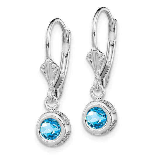 Rhodium-plated Sterling Silver 5mm Round Blue Topaz Leverback Earrings