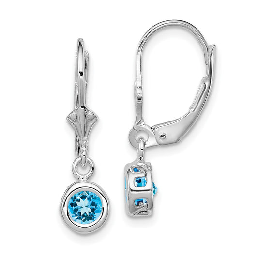 Rhodium-plated Sterling Silver 5mm Round Blue Topaz Leverback Earrings