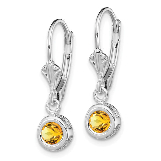 Rhodium-plated Sterling Silver 5mm Round Citrine Leverback Earrings