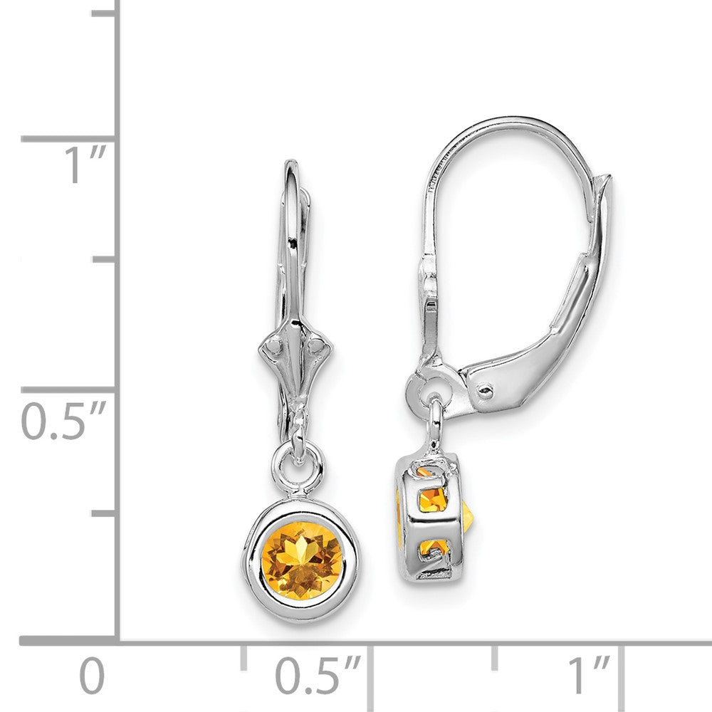 Rhodium-plated Sterling Silver 5mm Round Citrine Leverback Earrings