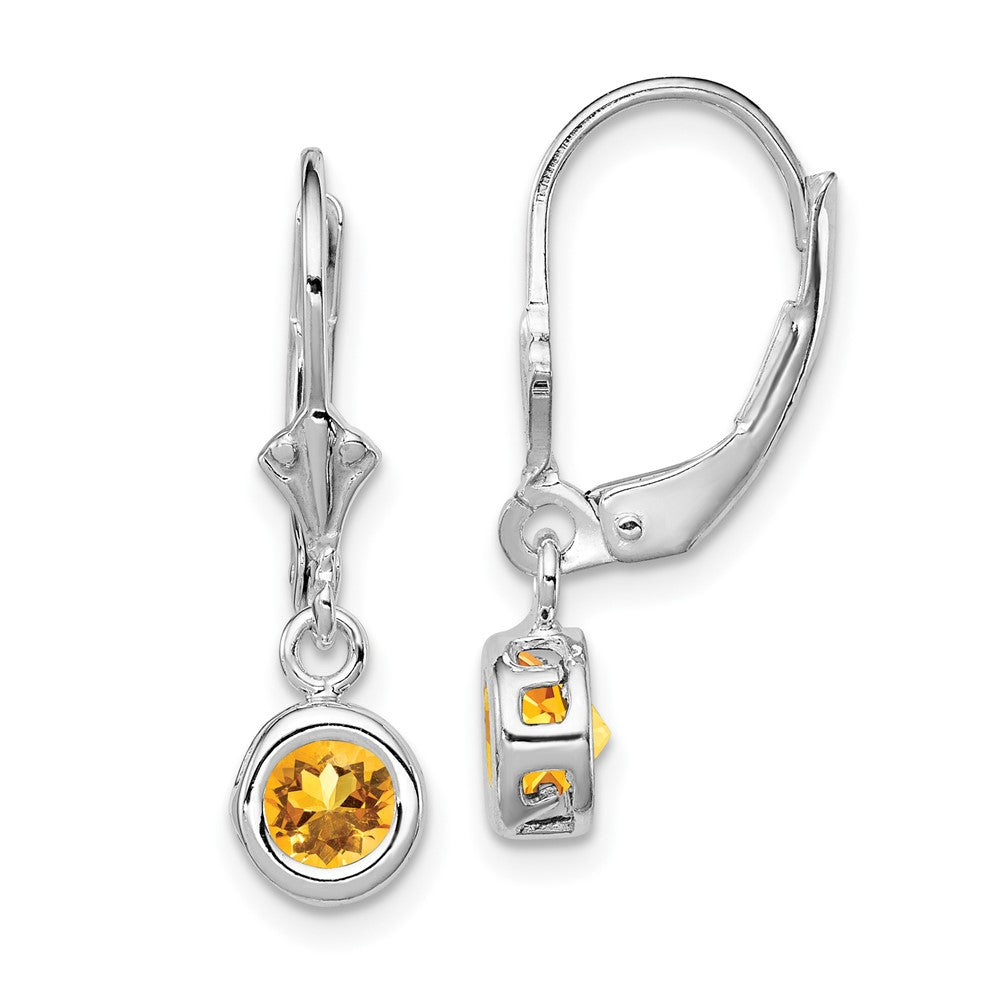 Rhodium-plated Sterling Silver 5mm Round Citrine Leverback Earrings